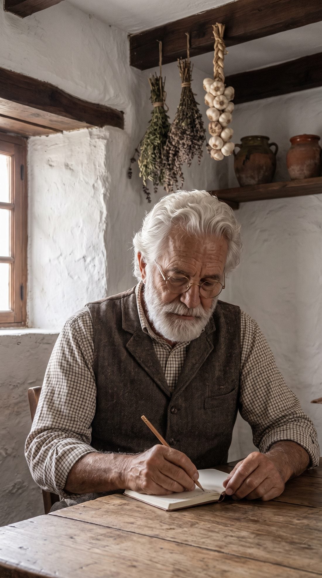 Don Eliseo escribiendo sus remedios
